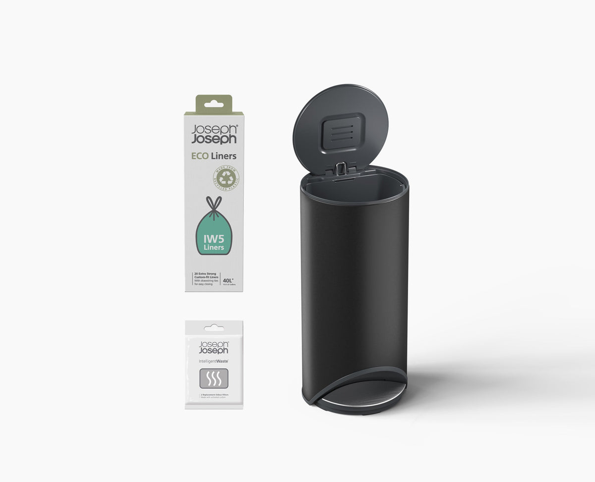 Joseph Joseph Arc™ 30L Easy-push Matt Black Pedal Trash Can Starter Set
